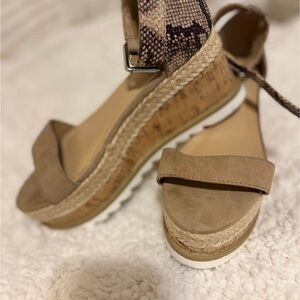 JustFab Tan and Snakeskin Espadrille Sandals